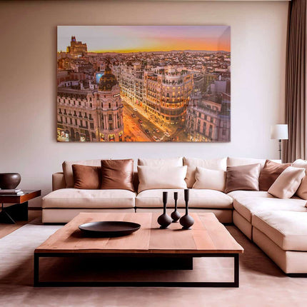 Sunset view of Gran Via in Madrid – Glass