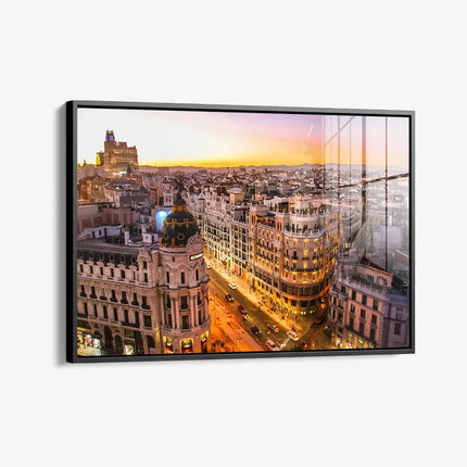 Sunset view of Gran Via in Madrid – Glass