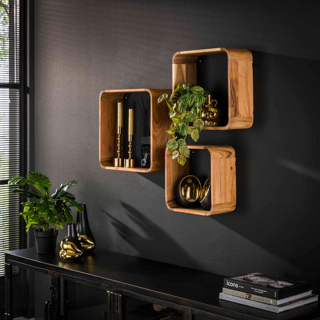 Wall Cabinet set/3 vierkant / Solid Natural Acacia