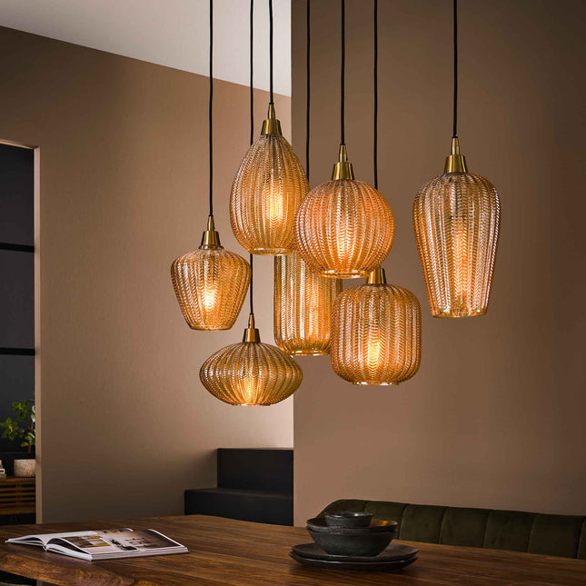 Pendant Lamp 4+3 V-shape pattern mix  Amber-Colored Glass