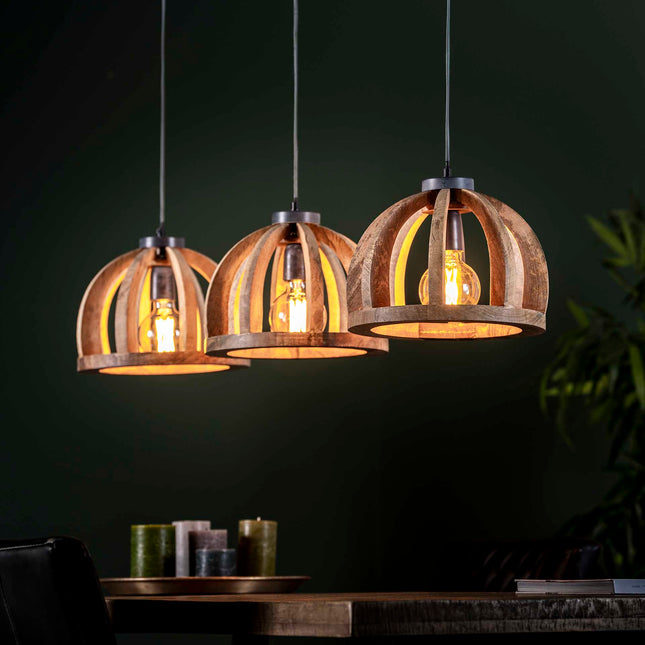 Pendant Lamp 3x Ø30 gebogen houten spijlen / Solid Natural Mango