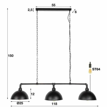 Pendant Lamp 3L halfronde kap-industrial tube / Black