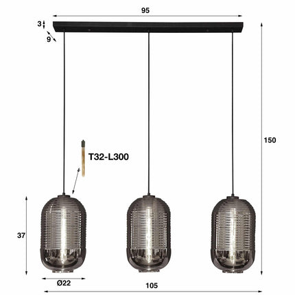 Pendant Lamp 3L tub chromed glass