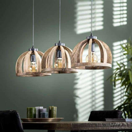 Pendant Lamp 3x Ø30 gebogen houten spijlen / Solid Natural Mango