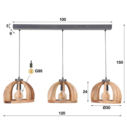 Pendant Lamp 3x Ø30 gebogen houten spijlen / Solid Natural Mango